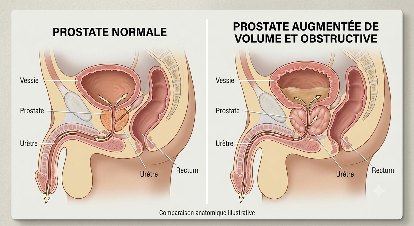 Schéma comparatif d'une prostate normale et d'une prostate augmentée de volume et obstructive